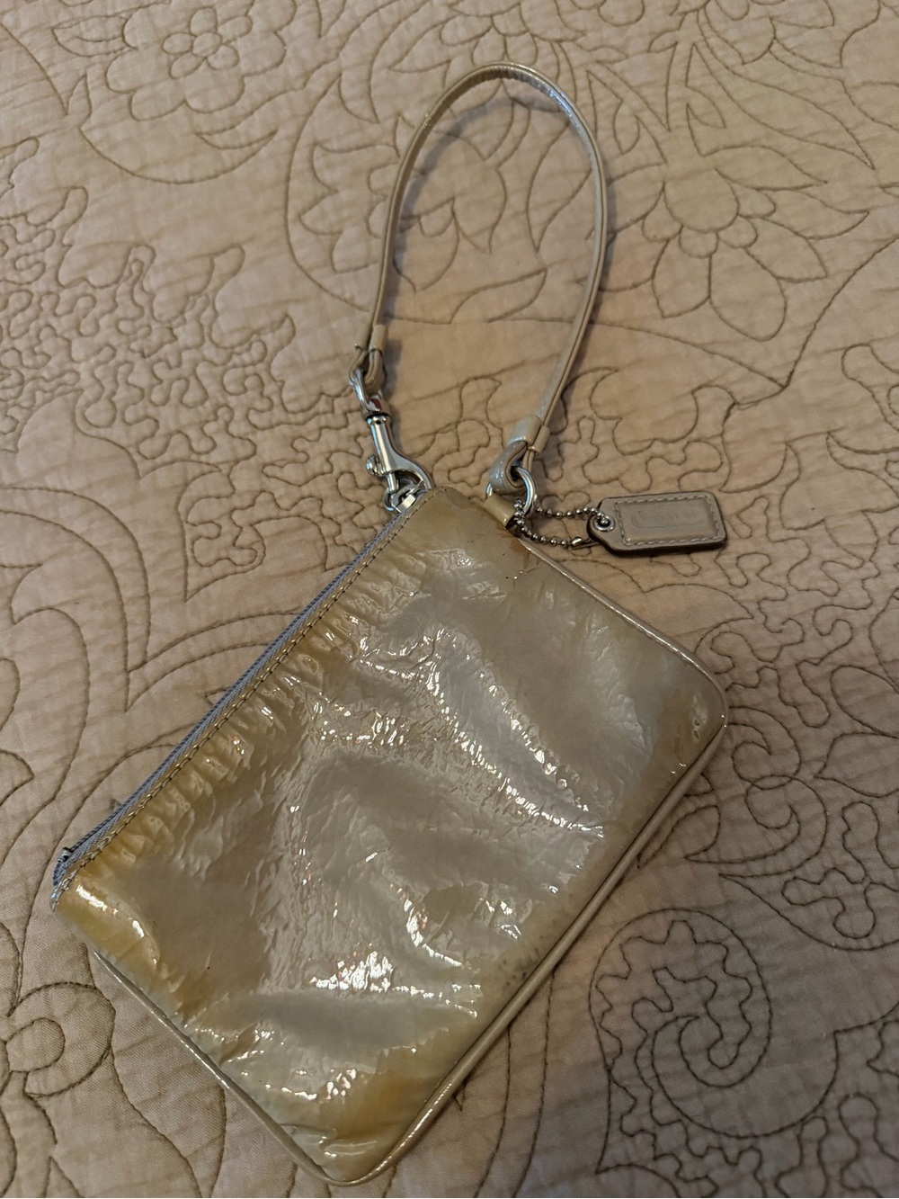 Coach Beige Taupe Patent Leather Wristlet Pouch Coin Purse - Picture 6 of 7